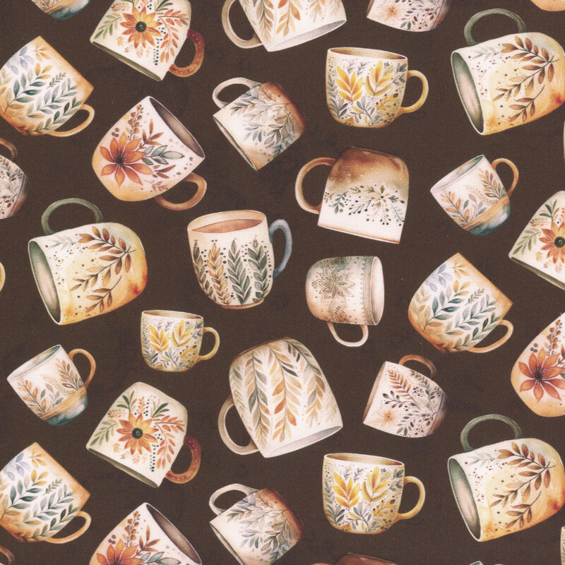 Pattern of various illustrated mugs on a dark brown background, featuring floral designs.