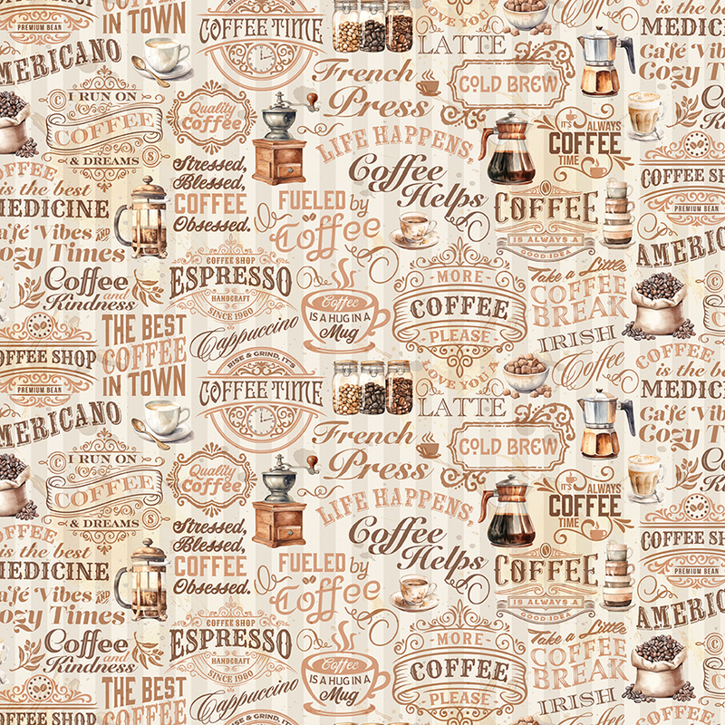 Pattern of various vintage coffee-themed text and illustrations on a light background.