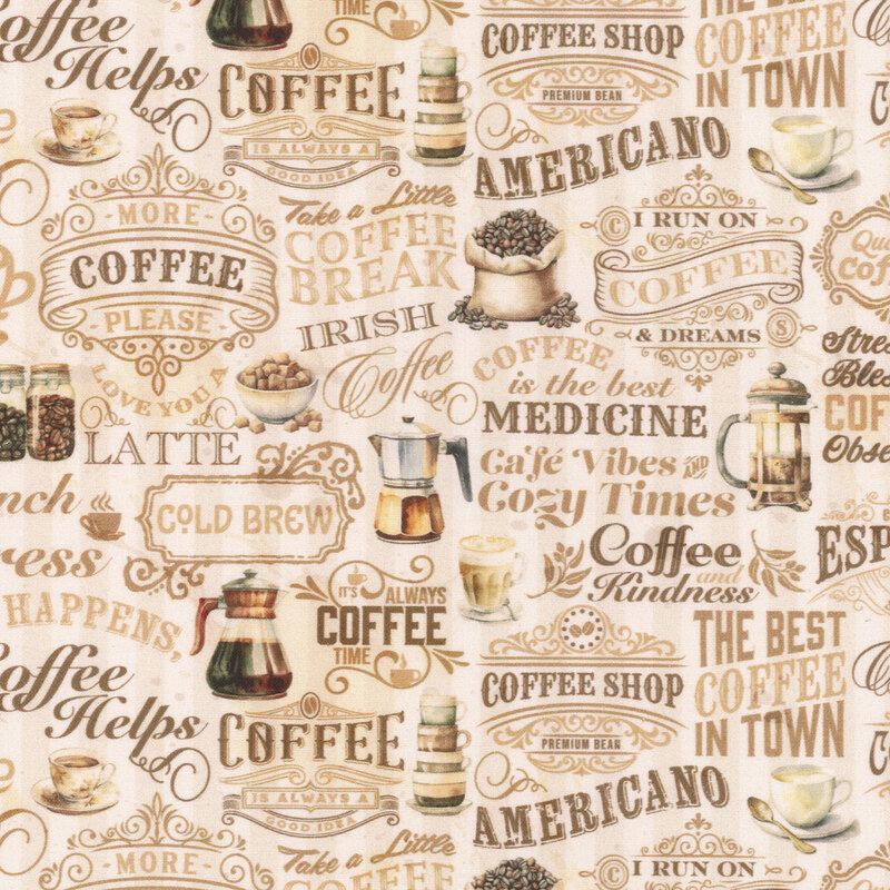 Pattern of various vintage coffee-themed text and illustrations on a light background.