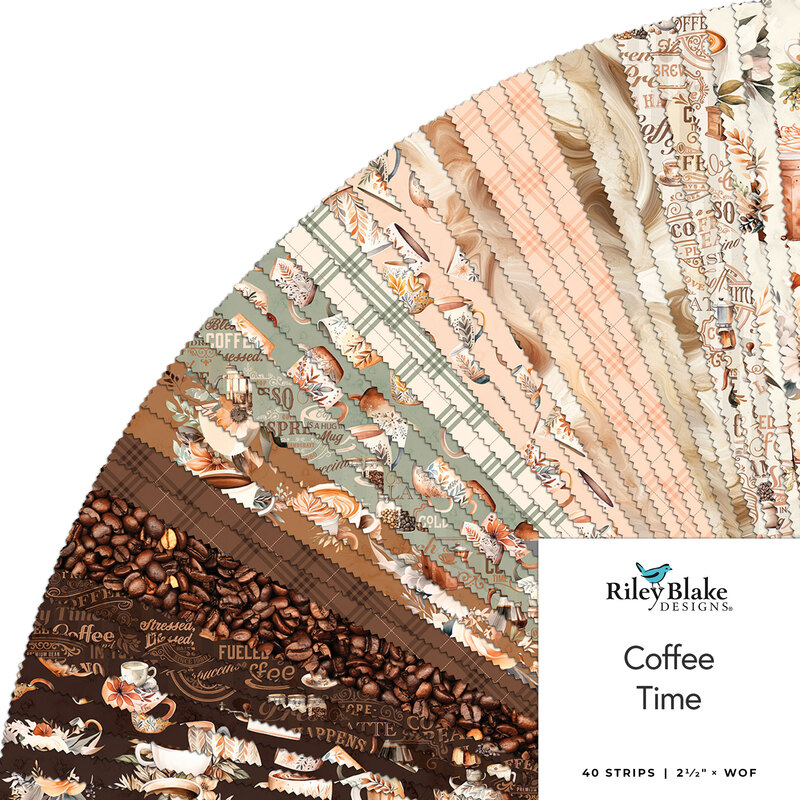 A fanned arrangement of fabric strips in coffee-themed patterns, labeled Coffee Time by Riley Blake Designs.