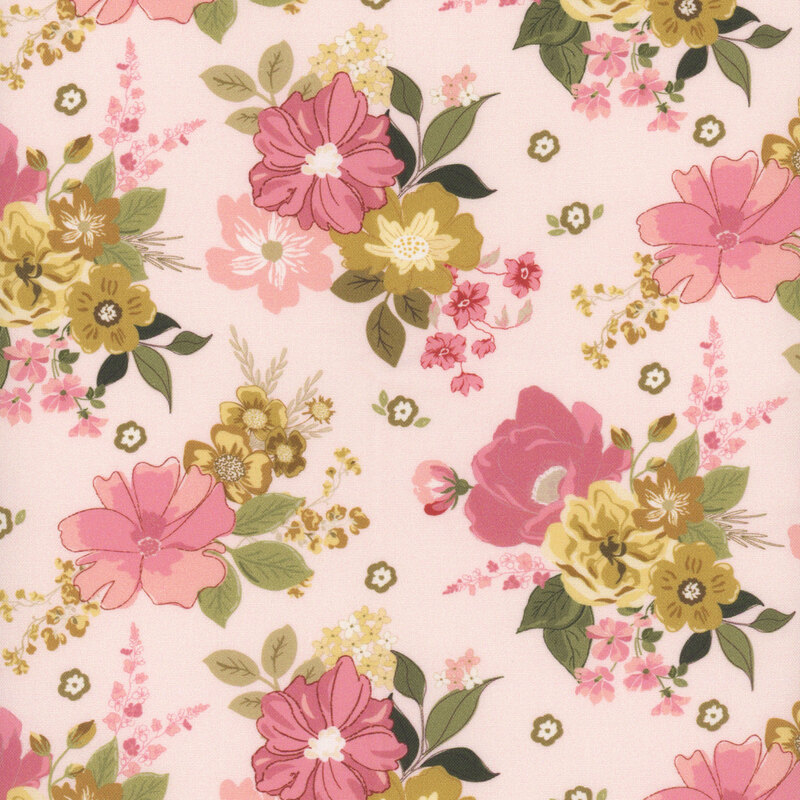 Light pink fabric with tossed clusters of gold, pink, and tonal flowers with green leaves.
