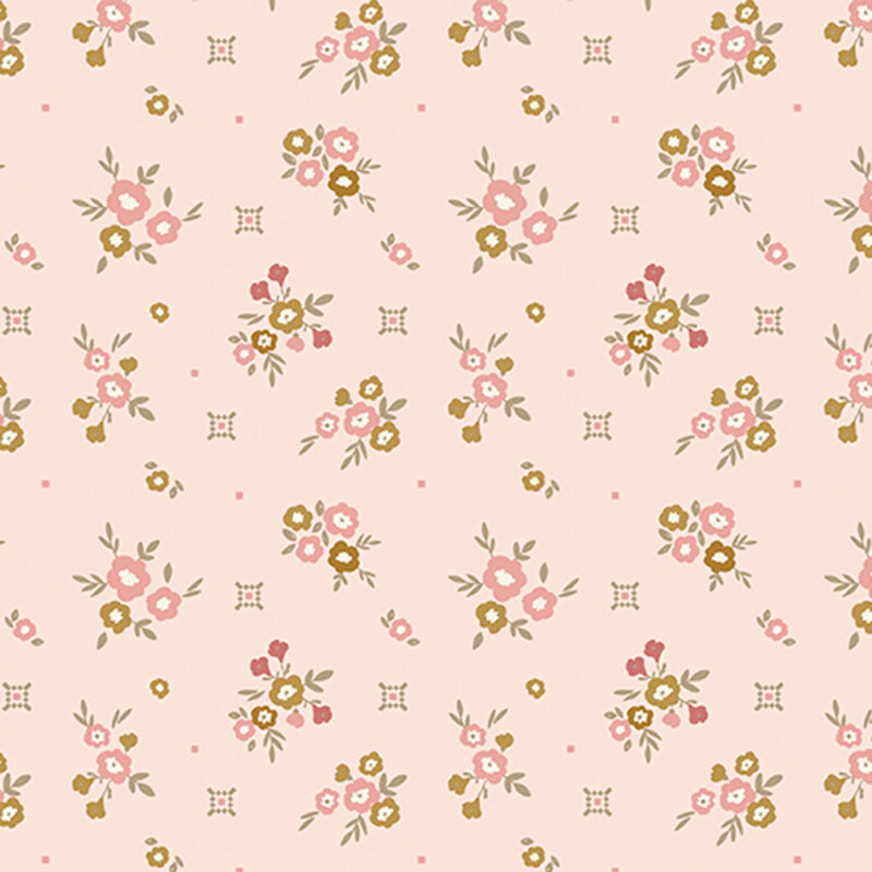 Pale pink fabric with small floral clusters and small primitive designs in gold and tonal pink.