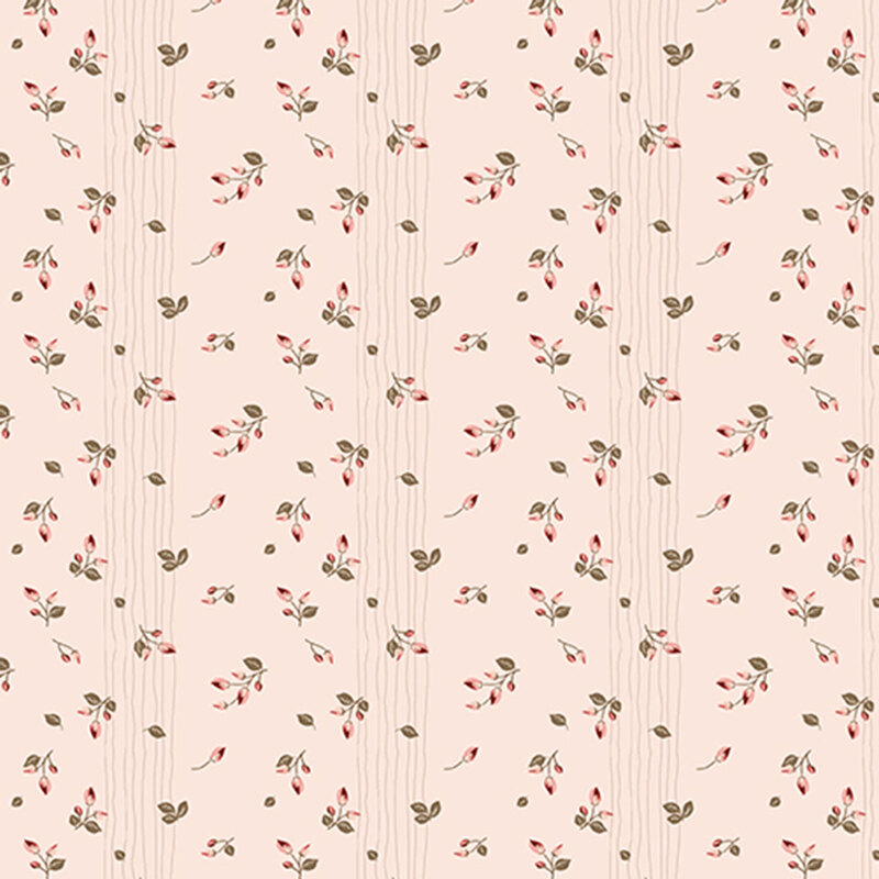 Pale pink fabric with ditsy pink rosebuds and rows of thin, tonal, wavy stripes.