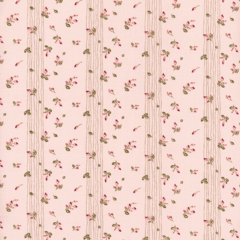 Pale pink fabric with ditsy pink rosebuds and rows of thin, tonal, wavy stripes.