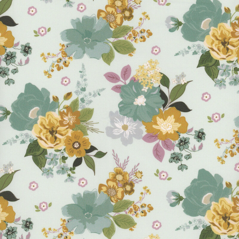 Pale blue fabric with tossed clusters of gold, purple, and tonal flowers.