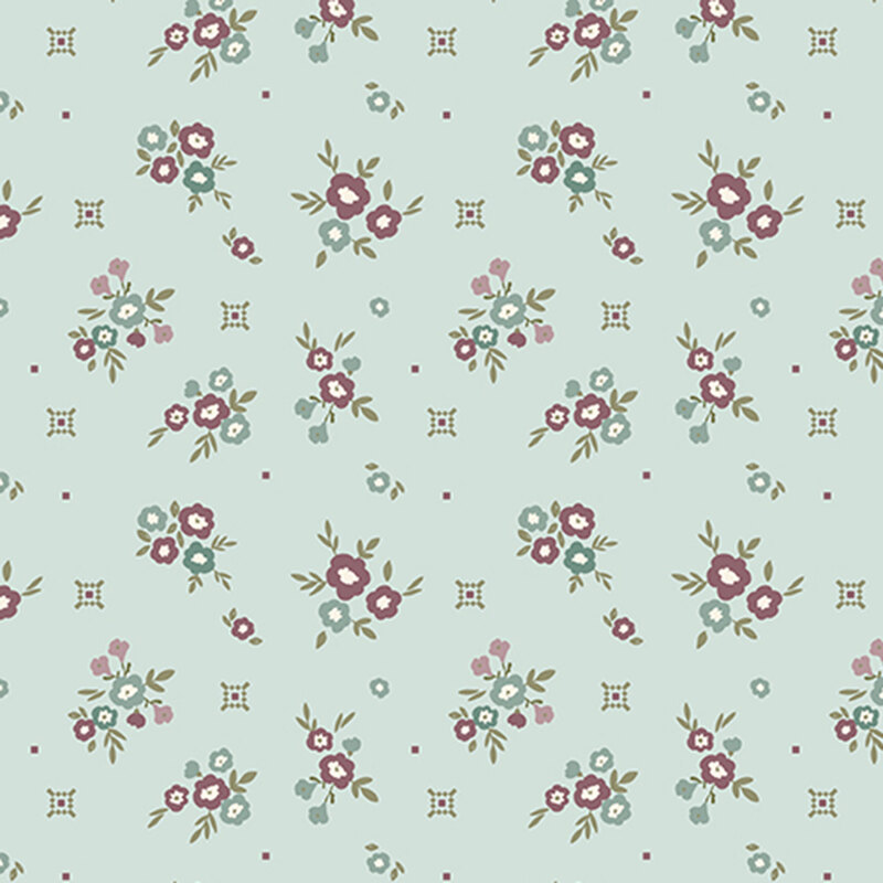 Pale blue fabric with small floral clusters and small primitive designs in purple and tonal teal.