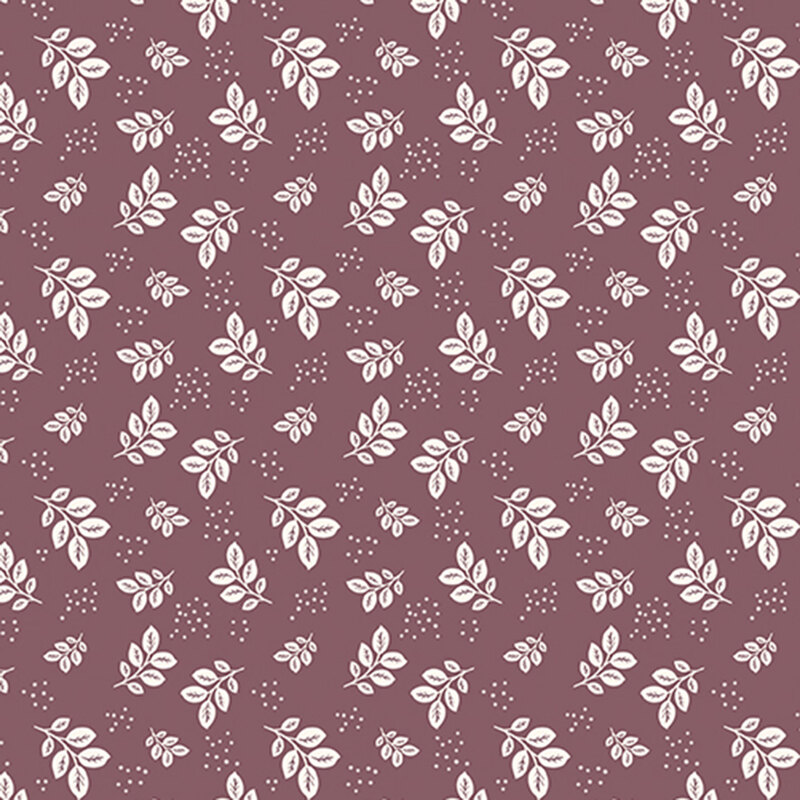 Warm purple fabric with white leaves and clusters of pin dots.