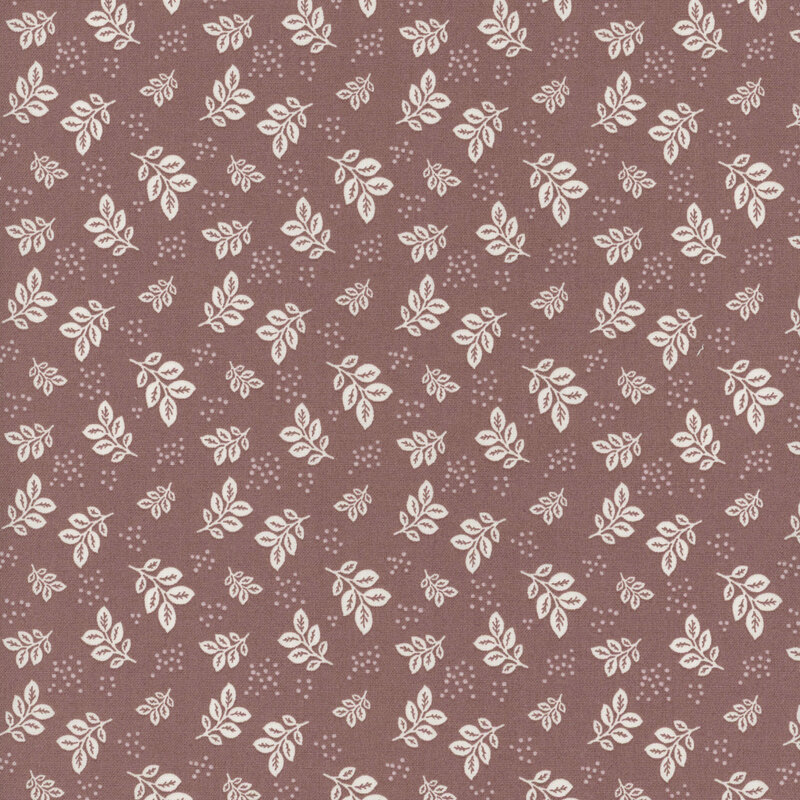 Warm purple fabric with white leaves and clusters of pin dots.