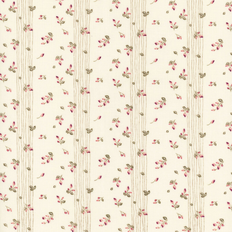 Cream fabric with ditsy pink rosebuds and rows of thin, tonal, wavy stripes.