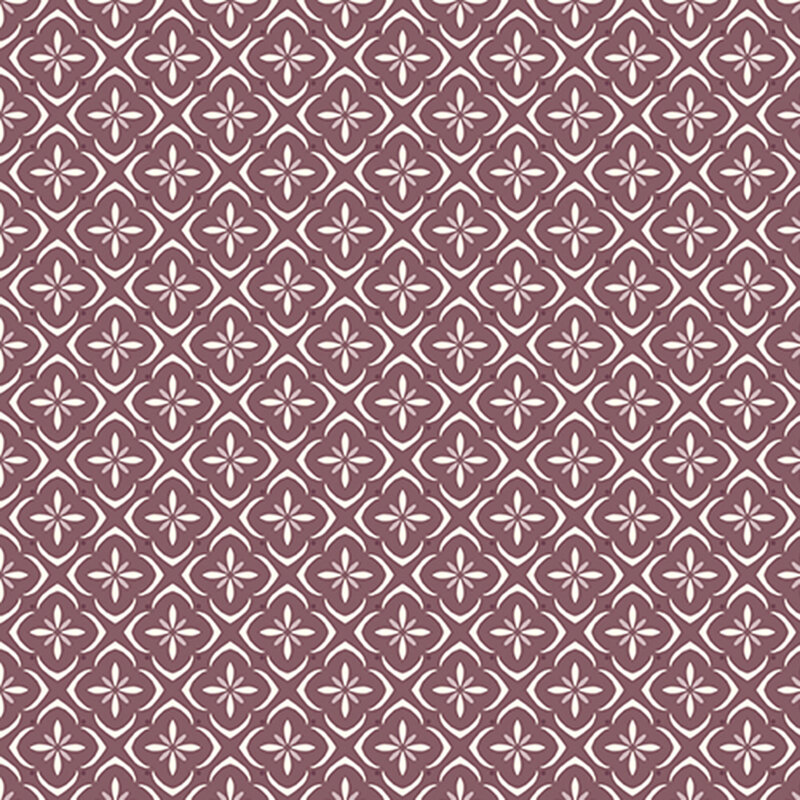 Purple fabric with a white and tonal tiled floral medallion pattern.