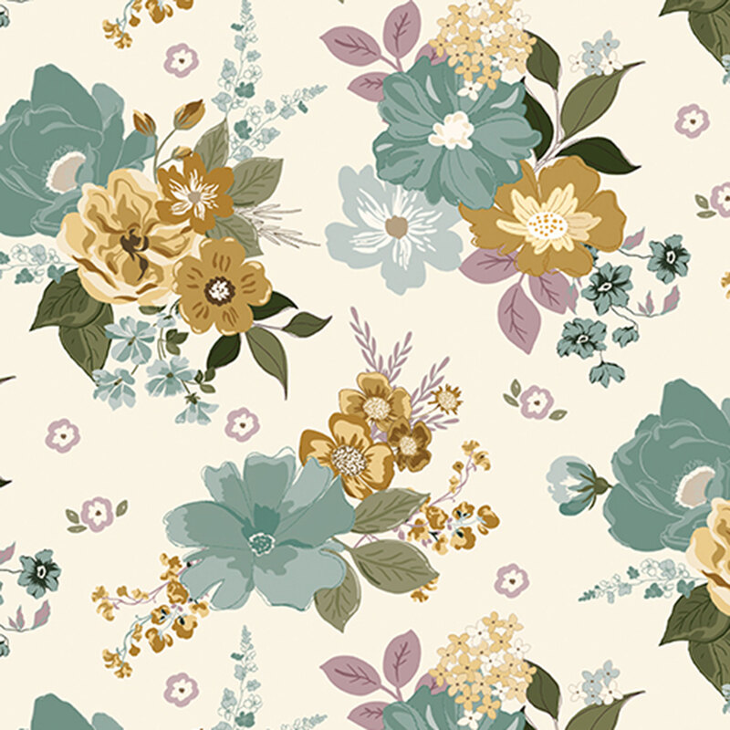 Cream fabric with tossed clusters of gold, purple, and teal flowers.