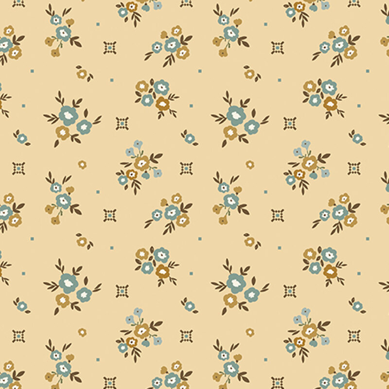 Pale gold fabric with small floral clusters and small primitive designs in teal and tonal gold.