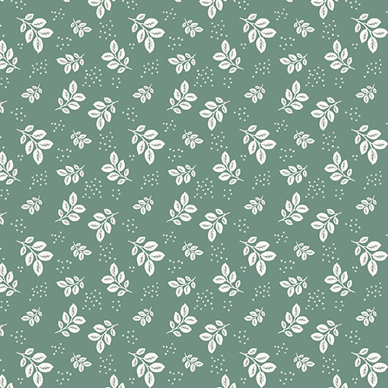 Teal green fabric with white leaves and clusters of pin dots.