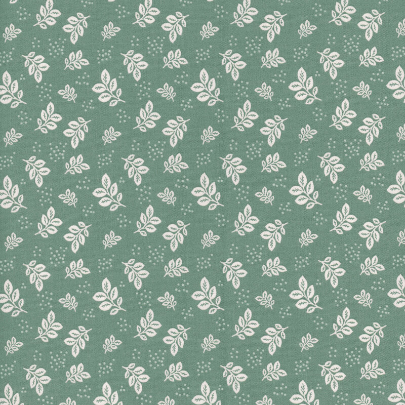 Teal green fabric with white leaves and clusters of pin dots.