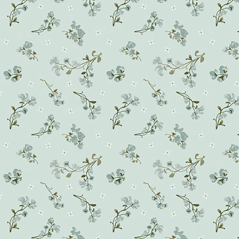 Pale blue fabric with tonal tossed flower sprigs.