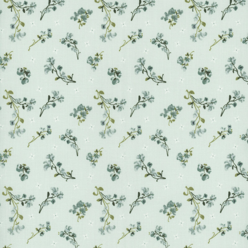 Pale blue fabric with tonal tossed flower sprigs.