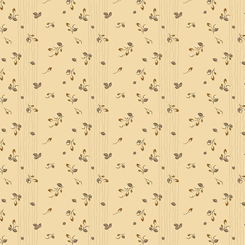 Pale yellow fabric with ditsy gold rosebuds and rows of thin, tonal, wavy stripes.