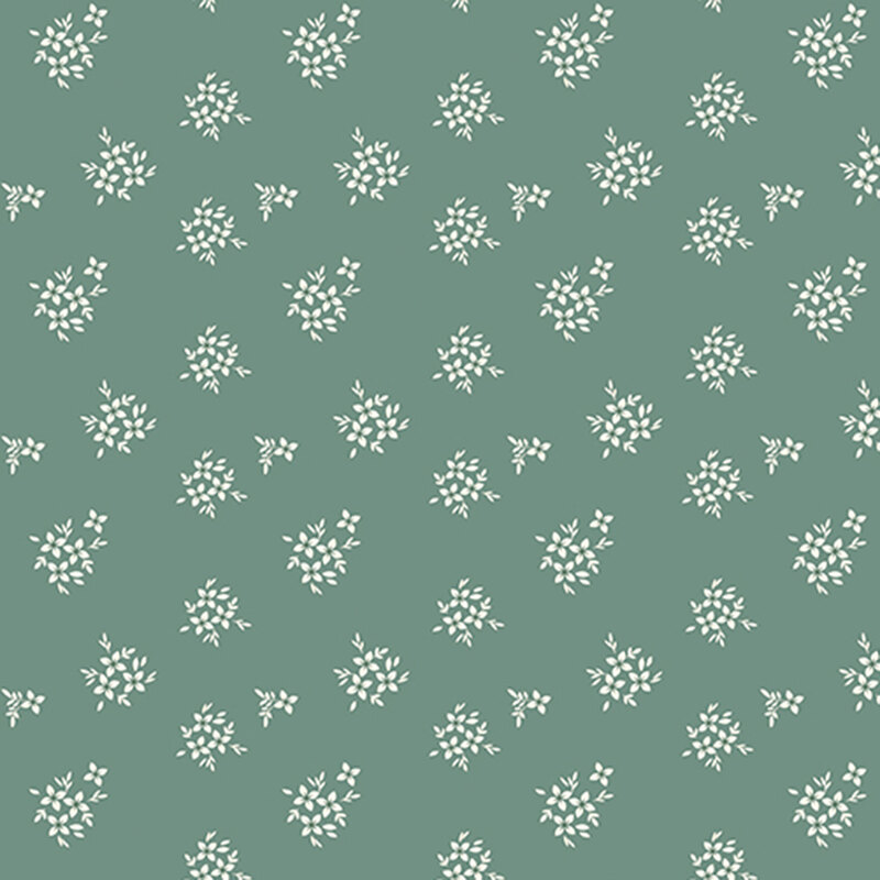 Teal green fabric with white floral clusters.