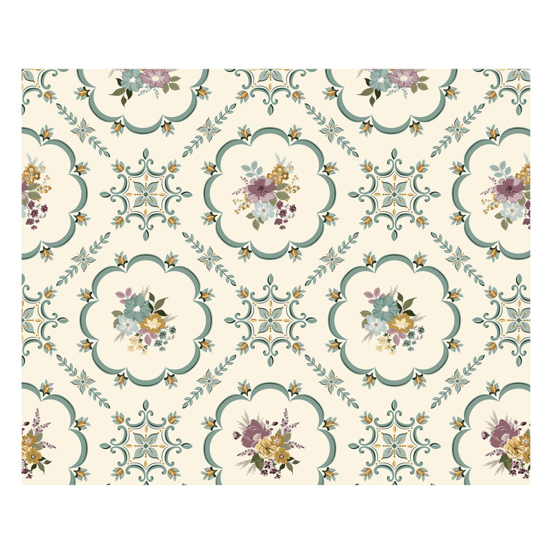 Digital representation of the full repeat of the cream fabric with a teal, purple, and gold floral doily lattice pattern.