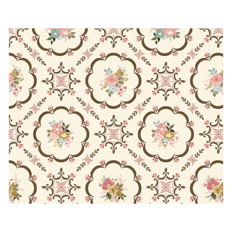 Digital representation of the full repeat of the cream fabric with a brown, blue, pink, and yellow floral doily lattice pattern.