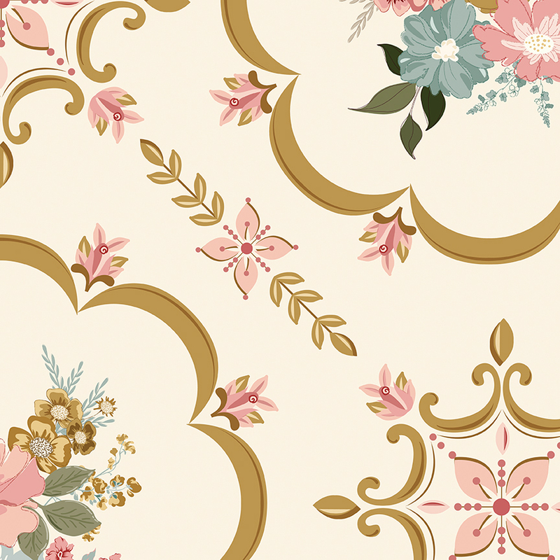 Cream fabric with a gold, pink, and blue floral doily lattice pattern.