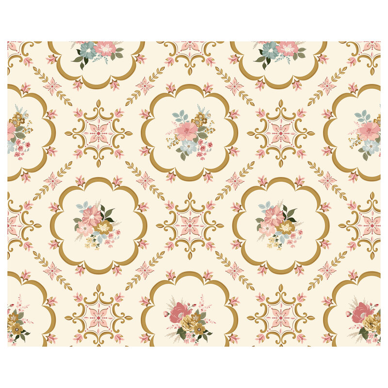 Digital representation of the full repeat of the cream fabric with a gold, pink, and blue floral doily lattice pattern.