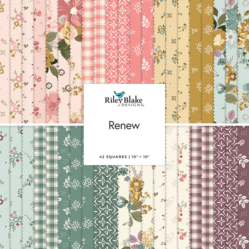 A fanned out collage of the fabrics featured in the Renew 10