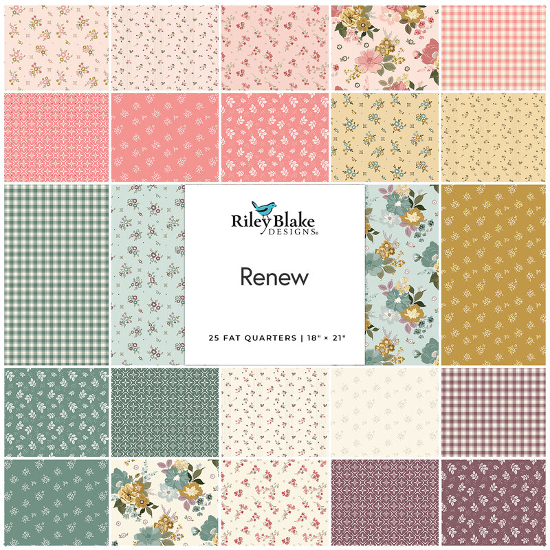 A fanned out collage of the fabrics featured in the Renew Fat Quarter set, arranged from pink to yellow, blue, teal, cream, and purple.