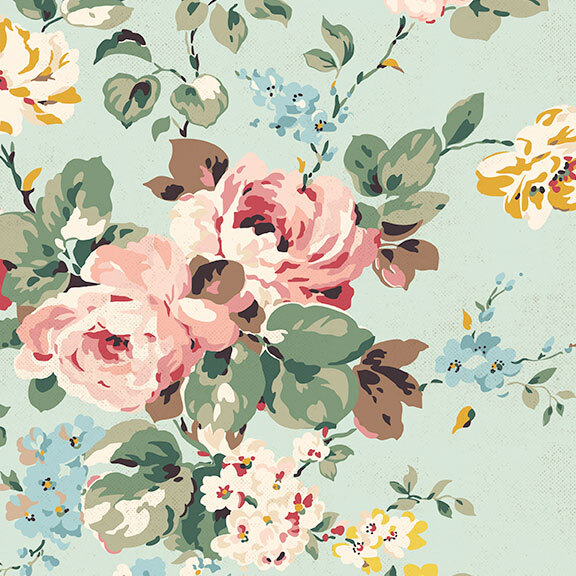 Soft aqua fabric featuring shabby florals in pink, blue, and yellow