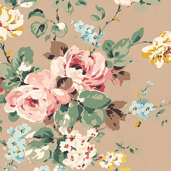 Soft brown fabric featuring shabby florals in pink, blue, and yellow