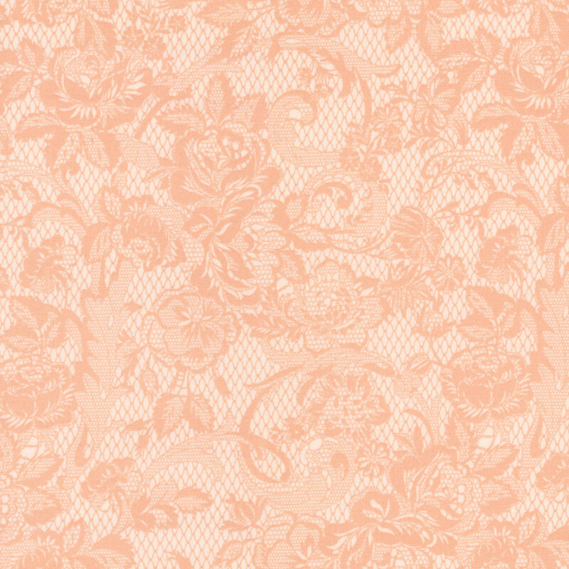 Tonal light pink floral lace pattern with intricate white flowers and leaves throughout.
