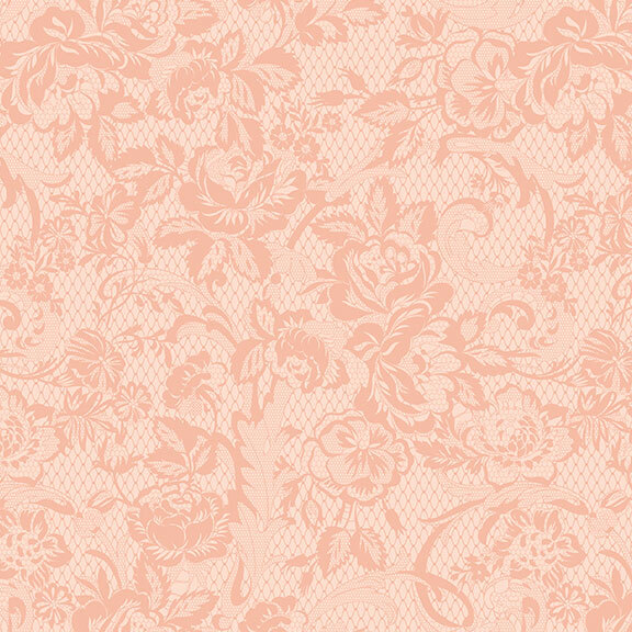Tonal light pink floral lace pattern with intricate white flowers and leaves throughout.