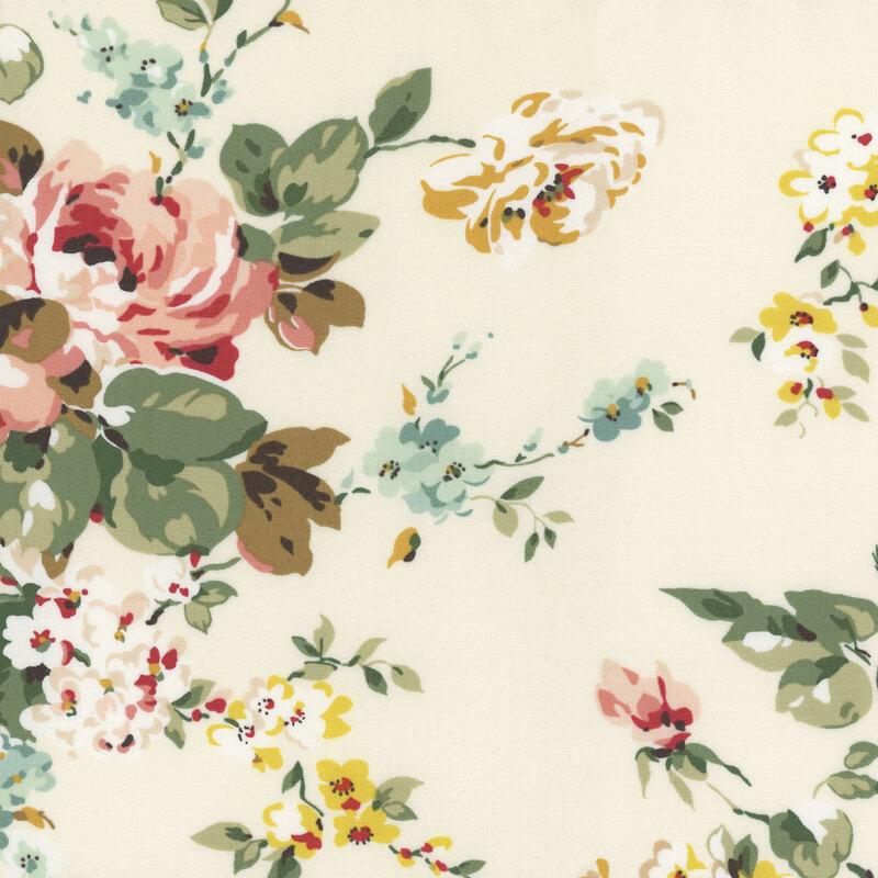 Soft cream fabric featuring shabby florals in pink, blue, and yellow.