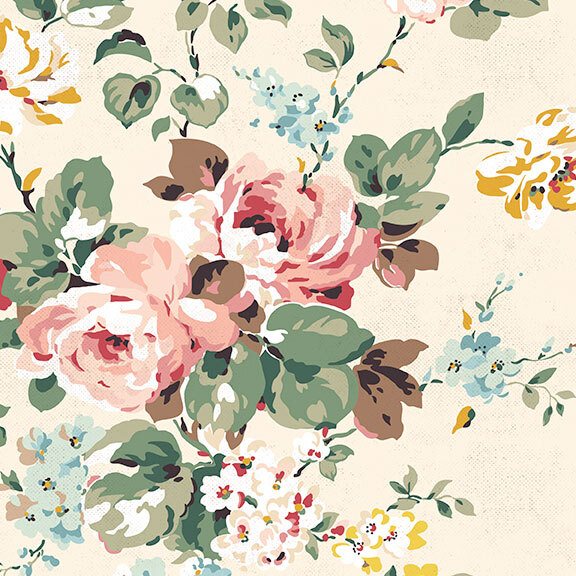 Soft cream fabric featuring shabby florals in pink, blue, and yellow
