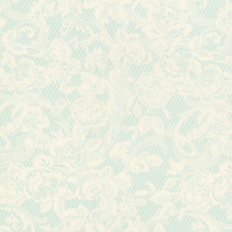 Light blue floral lace pattern with intricate white flowers and leaves throughout.
