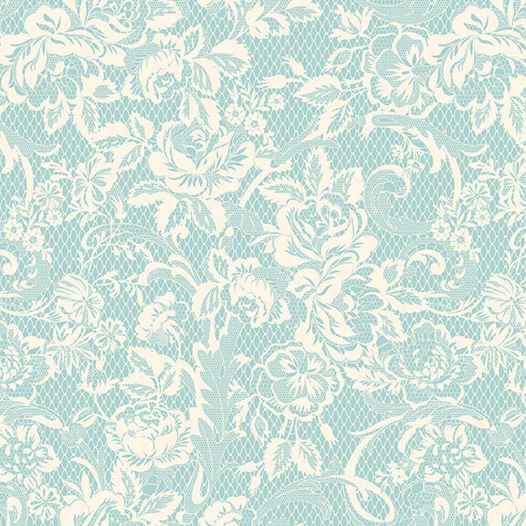 Light blue floral lace pattern with intricate white flowers and leaves throughout.