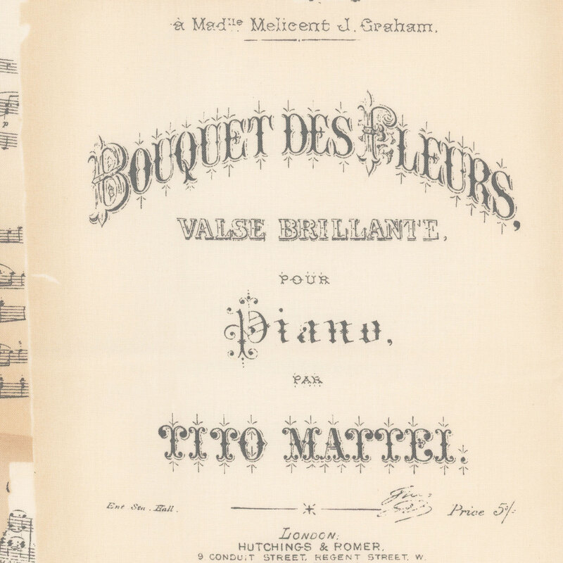 Fabric featuring vintage sheet music in cream and beige.