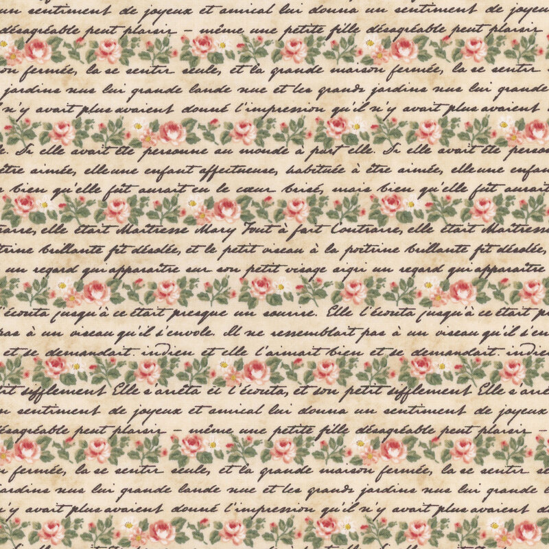 Fabric featuring cursive French text and small pink roses and white flowers on a beige background.