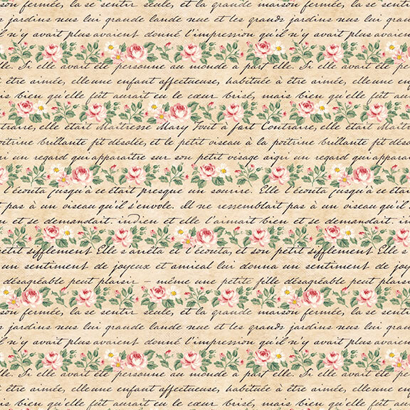 Fabric featuring cursive French text and small pink roses and white flowers on a beige background.