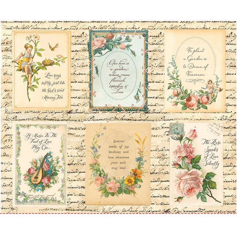 A collage of vintage-inspired cards with floral designs and handwritten text on a beige background.