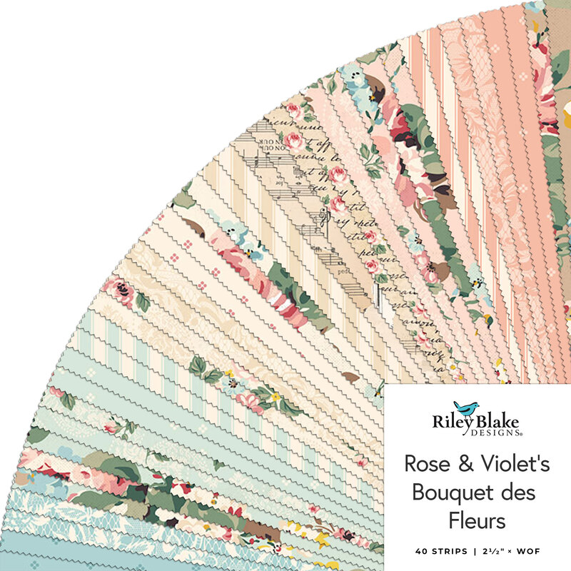 A collage of fabrics in the Rose & Violet's Bouquet des Fleurs jelly roll featuring shabby florals and vintage designs