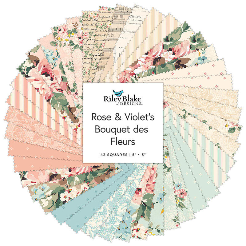 A collage of fabrics in the Rose & Violet's Bouquet des Fleurs charm pack featuring shabby florals and vintage designs
