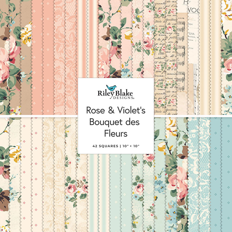 A collage of fabrics in the Rose & Violet's Bouquet des Fleurs layer cake featuring shabby florals and vintage designs