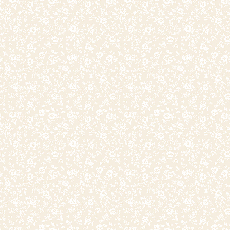 Cream fabric with tossed white pearlized rosebuds and leaves.