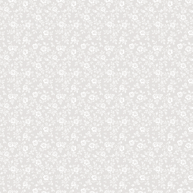 White-on-white fabric with tossed white pearlized rosebuds and leaves.