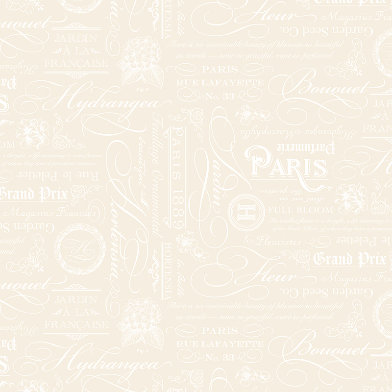 Cream fabric with tossed white pearlized vintage script, text, and sayings.