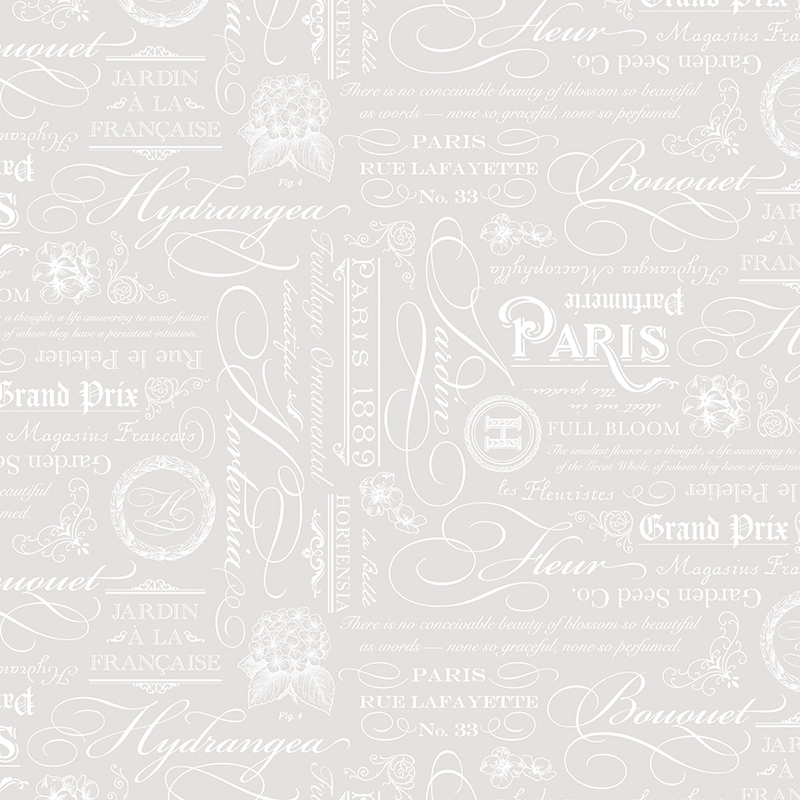 White-on-white fabric with tossed white pearlized vintage script, text, and sayings.