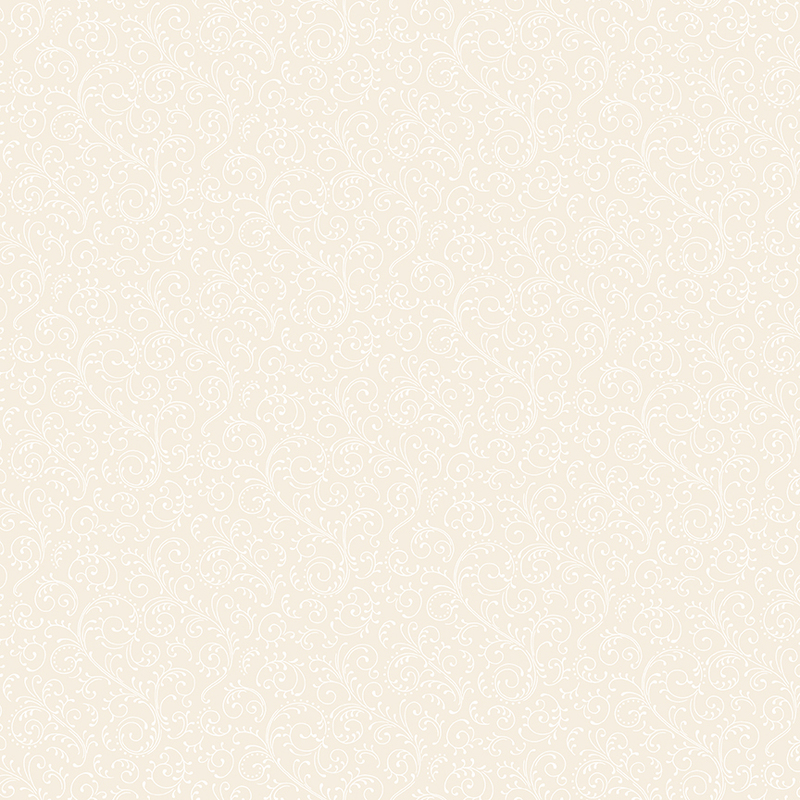 Cream fabric with white pearlized ornamental swirls.