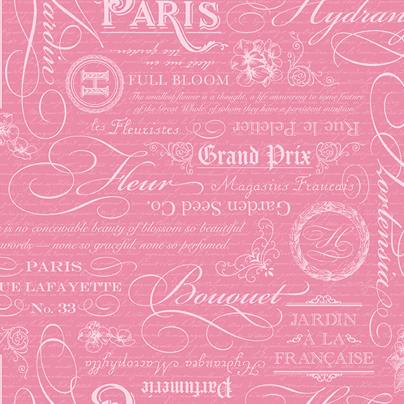 Pink fabric with a collage of pearlized vintage text, script, and sayings.
