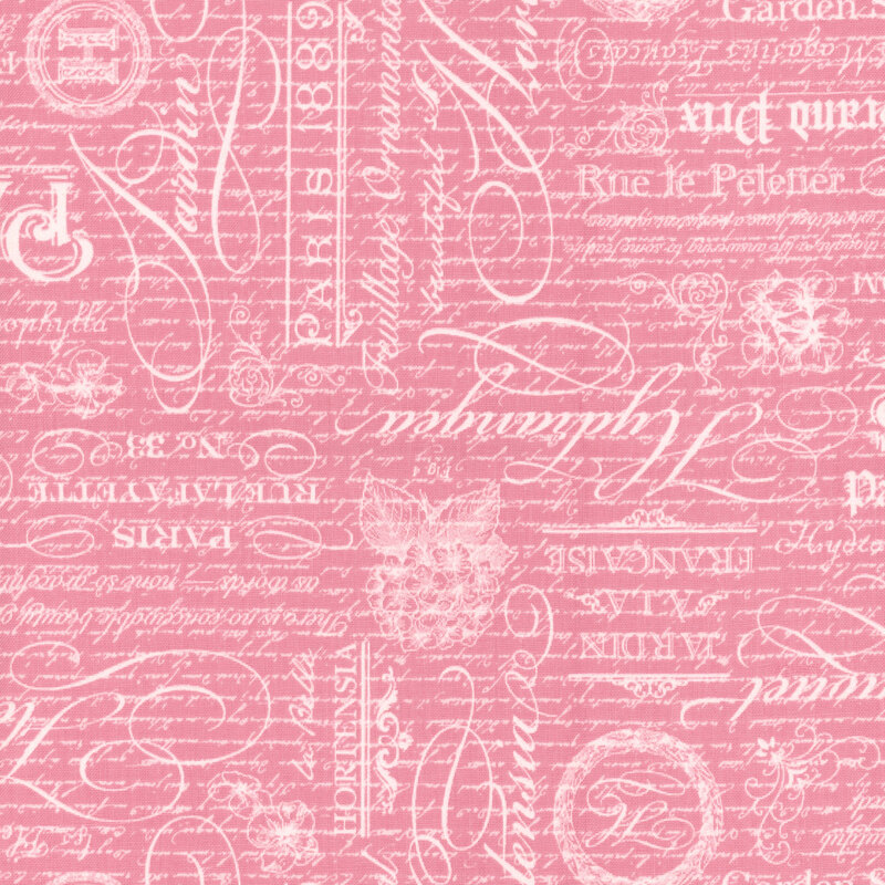 Pink fabric with a collage of pearlized vintage text, script, and sayings.